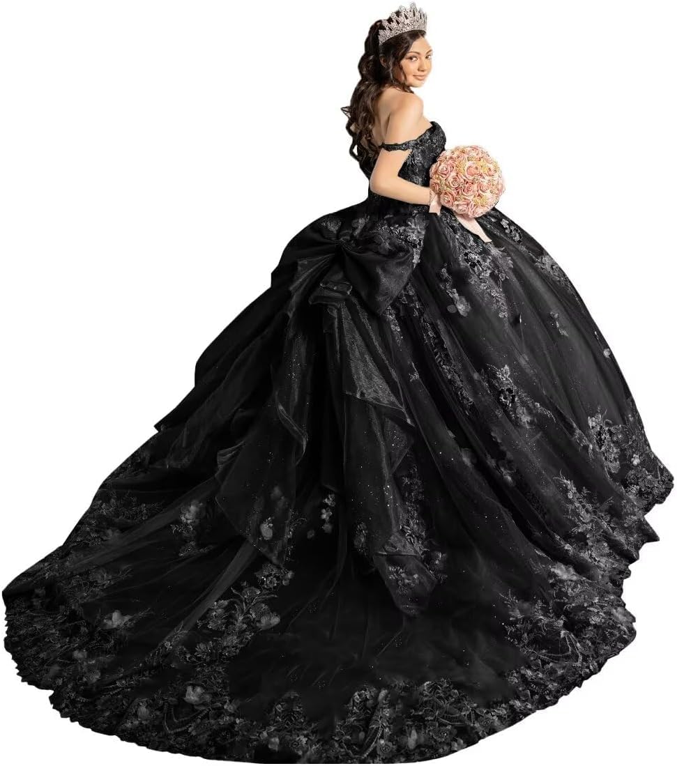 Yifanier Girls Black Spaghetti Strap Quinceanera Dresses With Bow Sparkly Tulle Prom Gowns 3D Flower Quinceanera Dresses Mt040