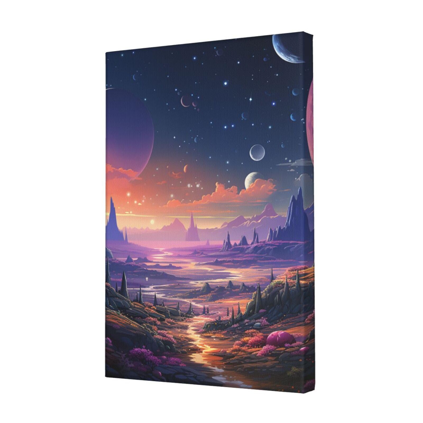 KLOPH Colorful retro space theme Canvas Wall Art for Living Room 12"x18" Modern Artwork Painting for Bathroom Hanging Canvas Prints Aesthetic Wallart for Bedroom Kitchen Office Wall Decor