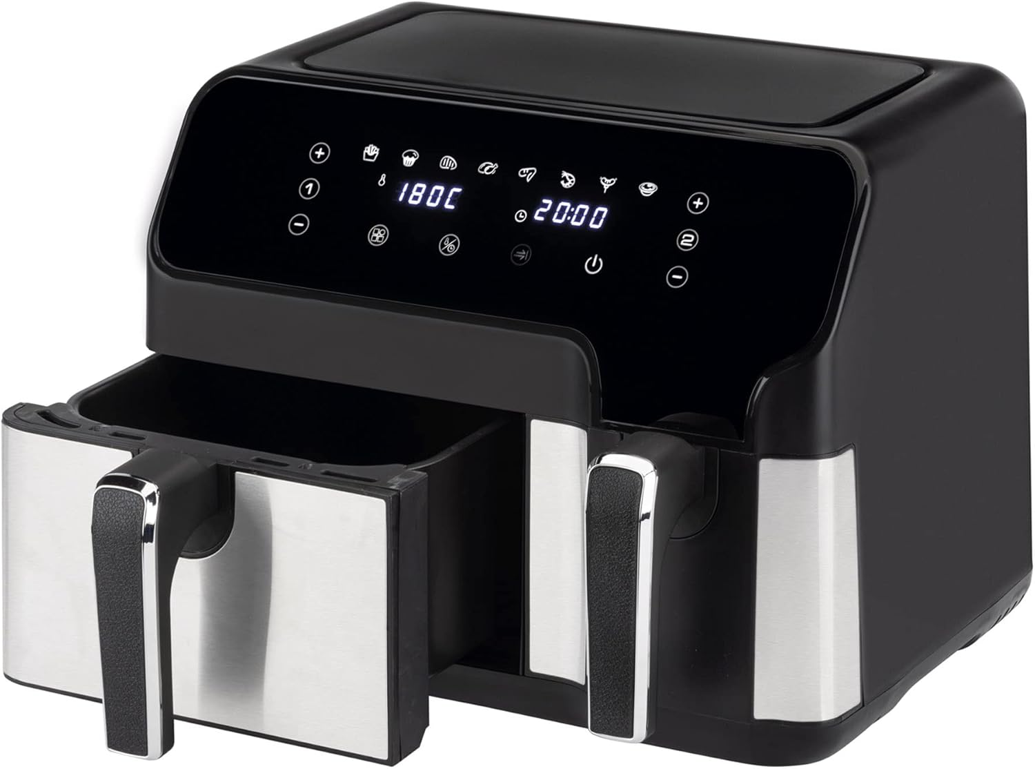 JATA JEFR1228 - Friggitrice ad aria senza olio da 9 litri con due cestelli indipendenti Pannello di controllo digitale 8 funzioni Timer fino a 60 minuti Temperatura: 80-200° Privo di BPA