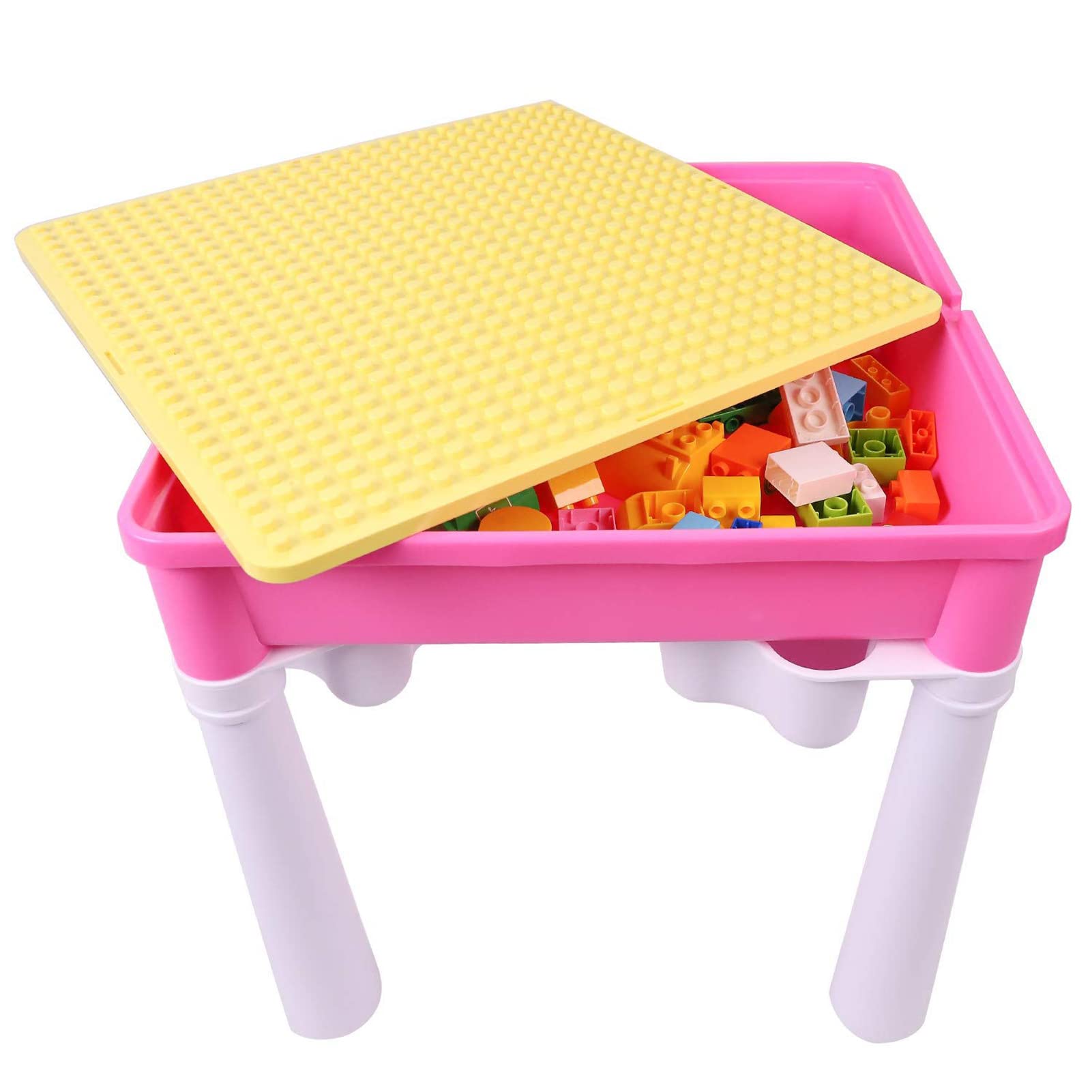 burgkidz Juego de Mesa y Silla Infantil, Mesa de Actividades Construccion y Silla con 128 Piezas Juguetes de Creativos Grandes Clásicos para Niñas, Rosa