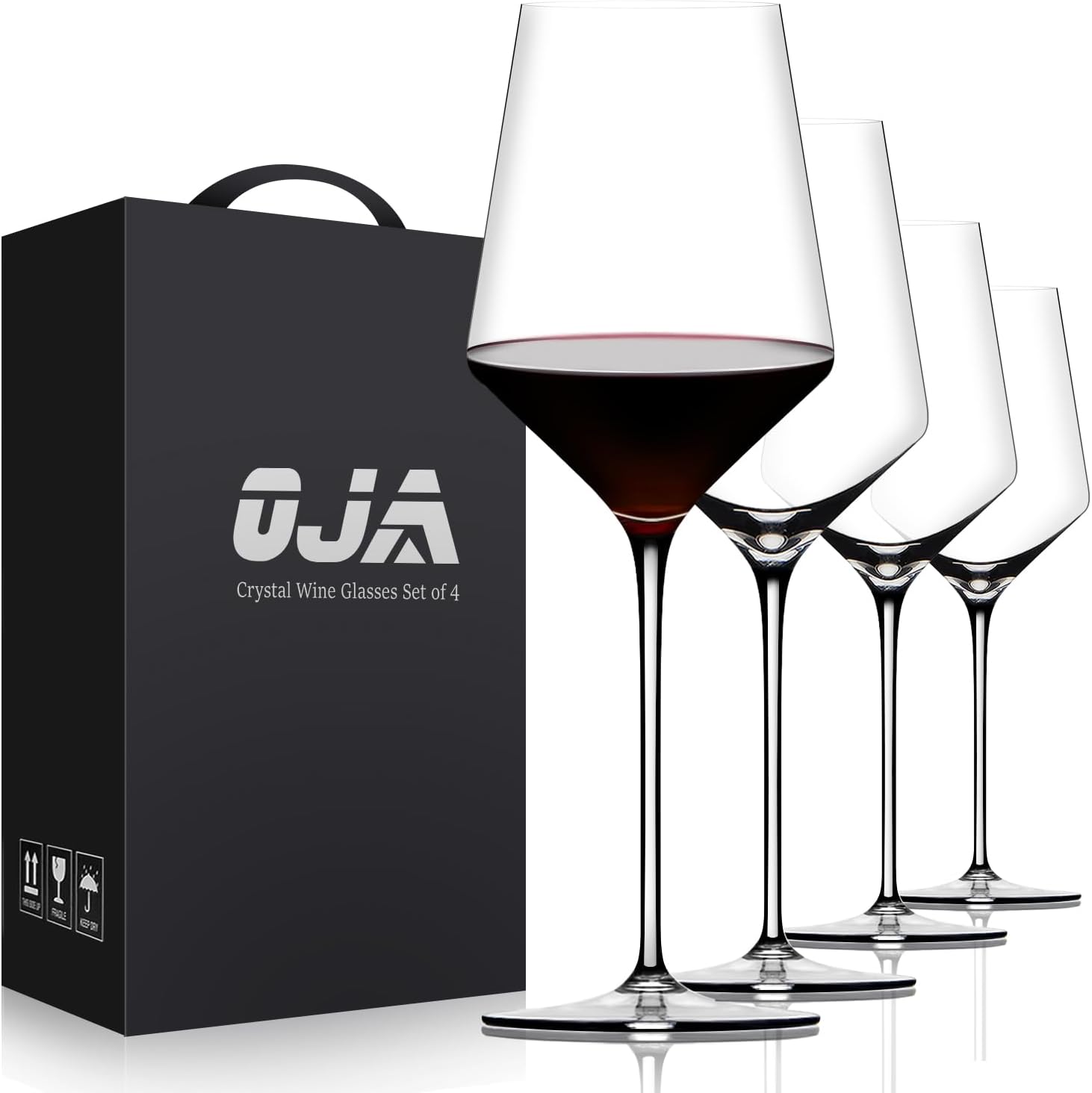 OJA Hand Blown Crystal Red Wine Glasses Set of 4, 15oz Thin Rim Long Stem, Lead-Free for Red White Wine Gifts