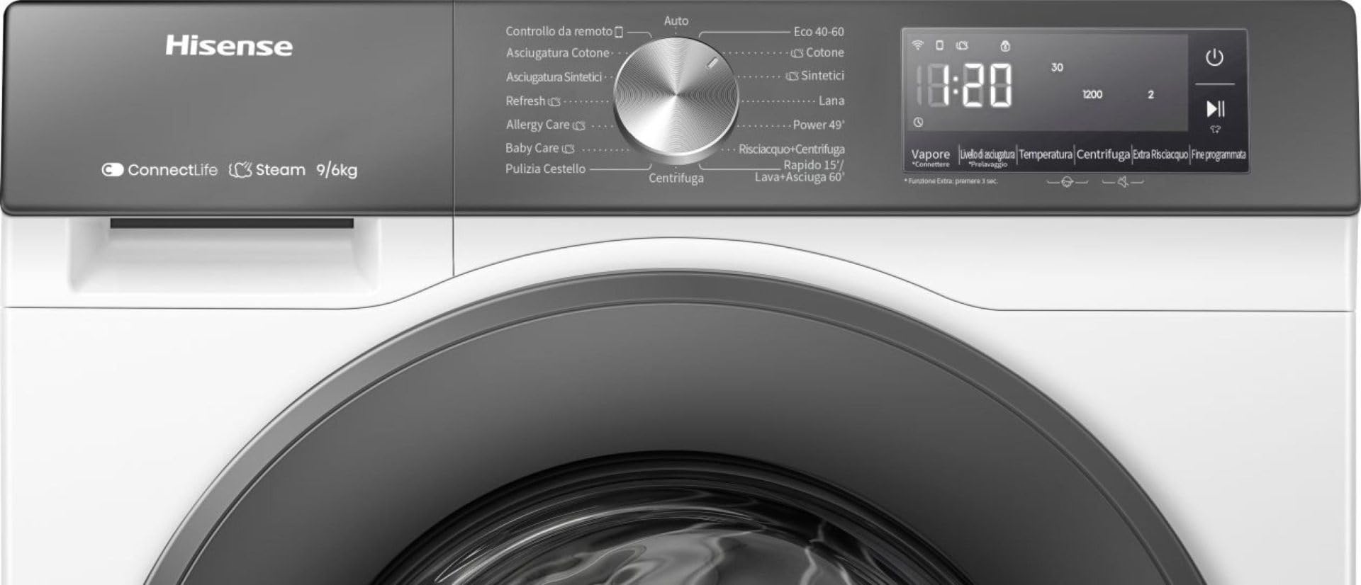Hisense WD3S9043BW7 - Lavadora secadora (9 + 6 kg, 1400 Rpm, 15 programas automáticos, vapor, motor inverter, clase energética A-30%/D, pantalla LED, gris, WiFi