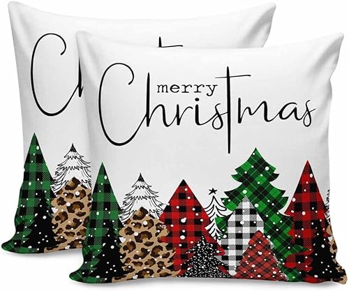 MAIANNE Pack of 2 Cotton Throw Pillow Covers, Merry Christmas Red Xmas Tree Leopard Plaid Soft Square Pillow Covers Home Decoration Pillowcases for