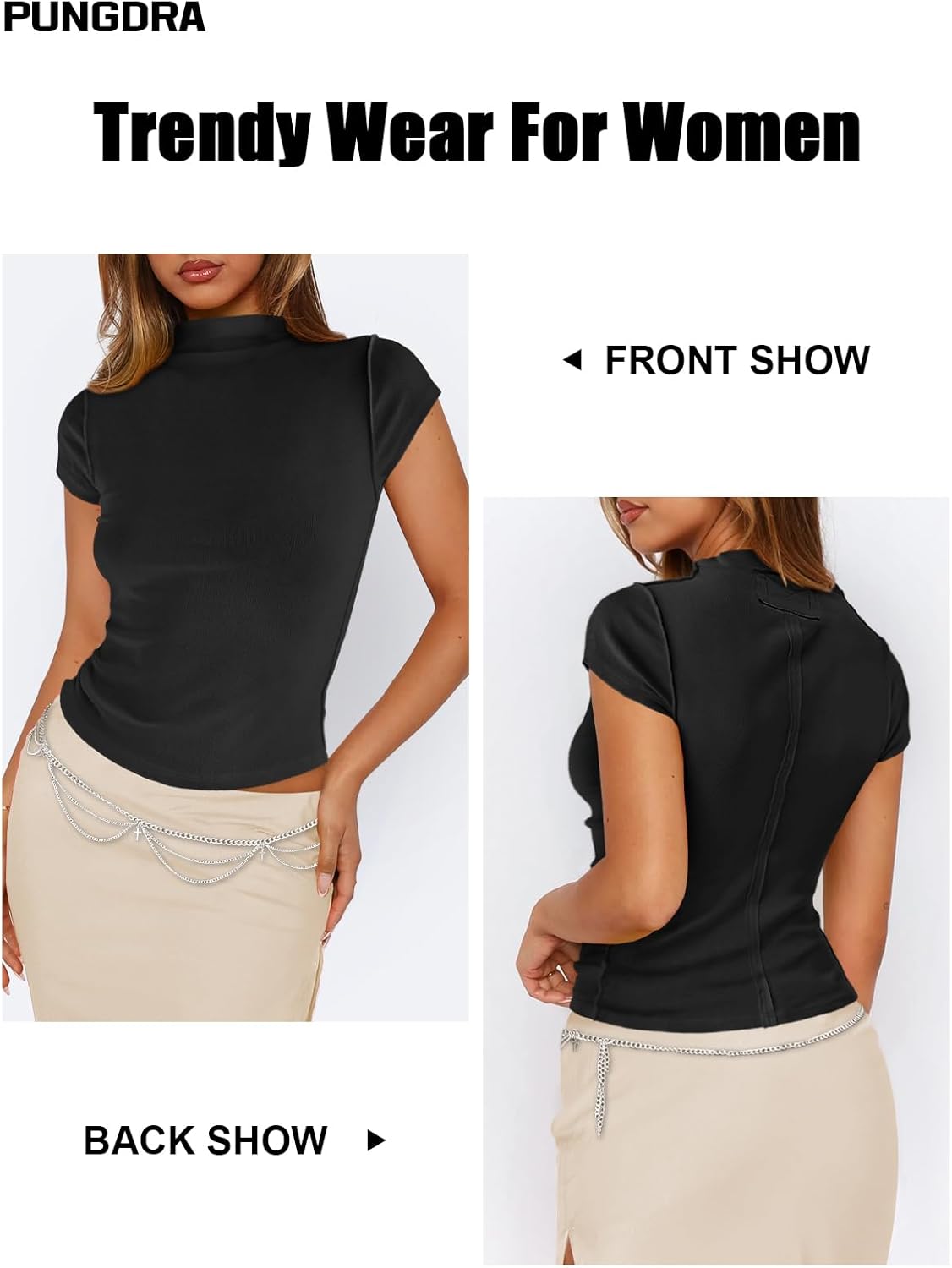 Womens Cap Sleeve T Shirts Mock Neck Tops for Women Y2k Knit Slim Fit Tee Casual Basic Crop Going Out Top - Image 3