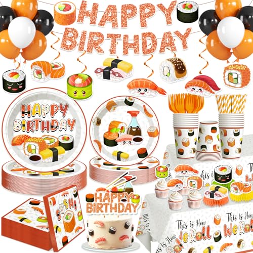 Xynic 215PCS Sushi Birthday Decorations Party Supplies Sushi Party Decorations Set with Banner Plates Cups Napkins 2 Tablecloths Balloons Cake Topper & Hanging Swirls Serves 25 Sushi Party