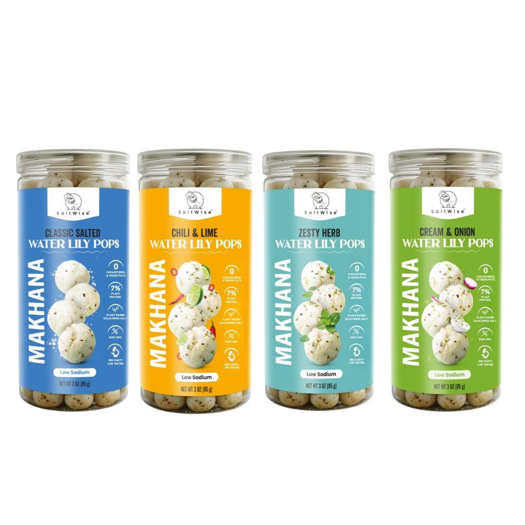 SaltWise Water Lily Pops (Makhana/Semillas de Loto/Fox Nuts) – Tostados con Aceite de Oliva | Snack Vegetal sin Gluten, Vegano y Non-GMO (Pack Variado de 4 Sabores)