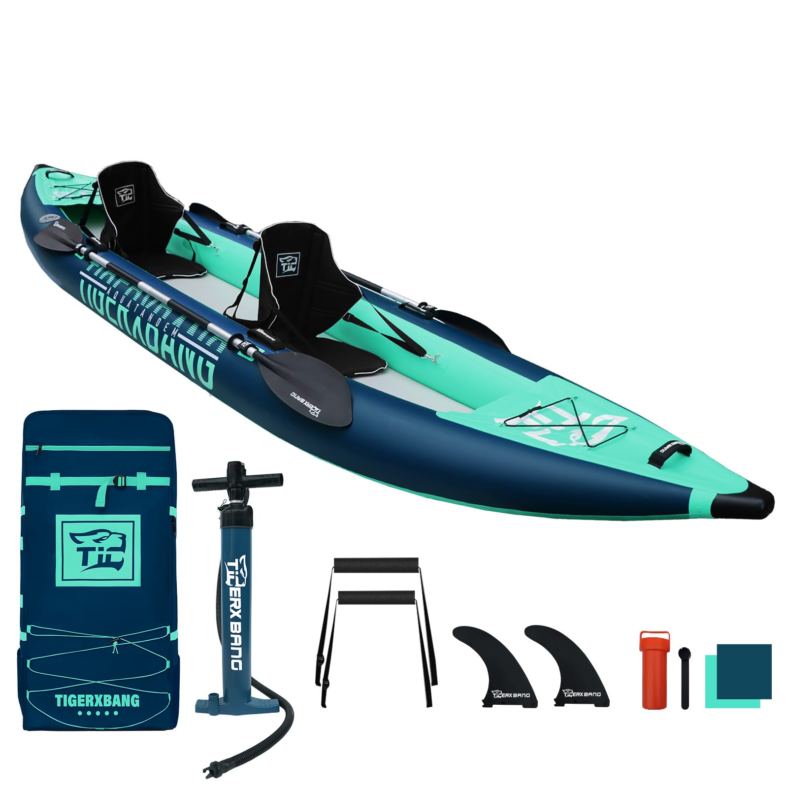TIGERXBANG 13.8'x37.8''x9.4'' Inflatable 2 Person Kayak, Touring Boat for Adults/Kids, Kayak Set with Removable Seat, Double Paddles, Foot Pedals, Hand Pump and Multifunctional Accessories
