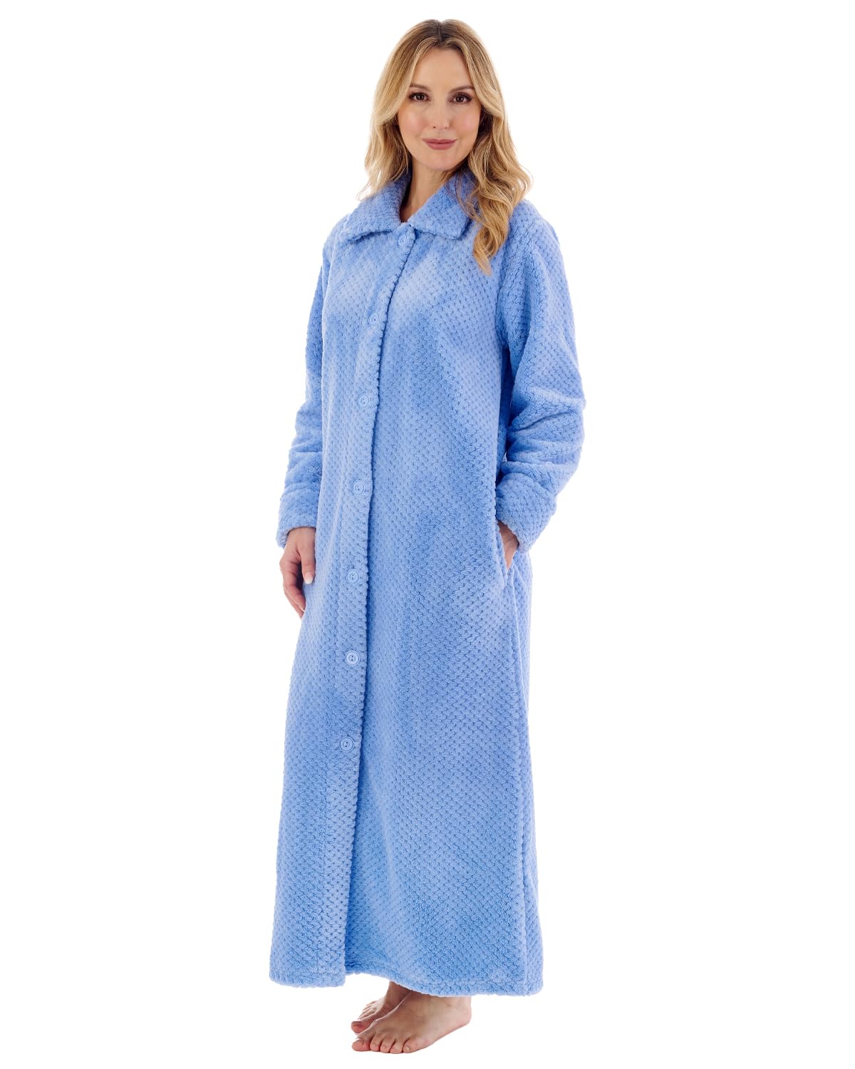 Slenderella Ladies Button Up Dressing Gown Soft Waffle Fleece Ankle Length Bath Robe Large (Blue)
