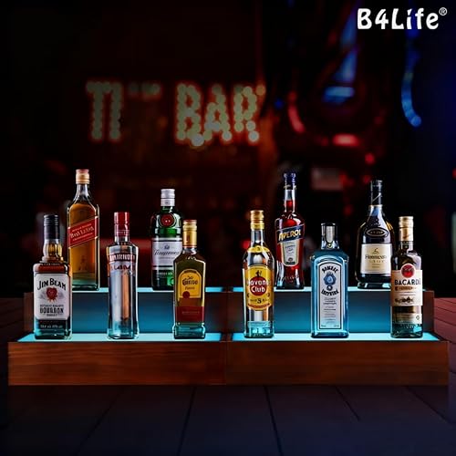 Miniatura 6 de B4Life Paquete de 2 estantes iluminados de 16 pulgadas para botellas de licor, estantes de barra LED de 2 niveles, estante de barra de licor para
