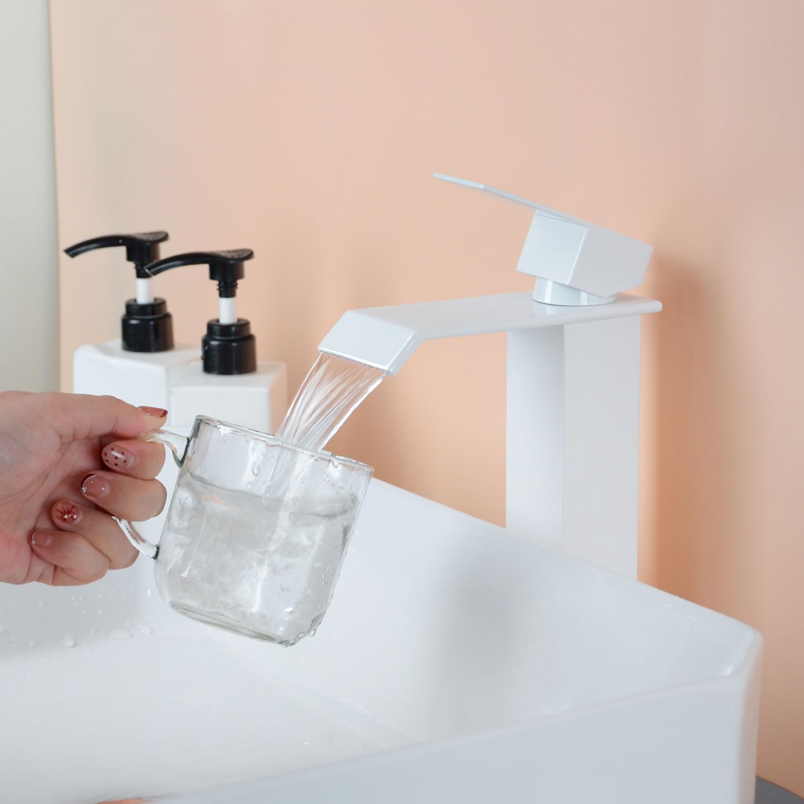 PHASAT Grifo de Baño Alto Cascada Grifo de Lavabo con Caño de 205mm de Altura, Mezclador Monomando Lavabo PTMP19W