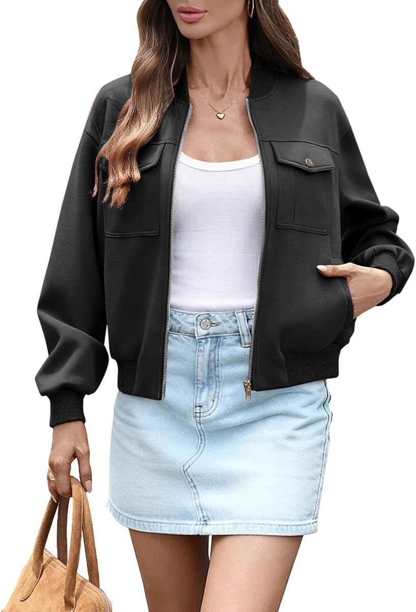 AMZANGEL Women's Zip up Bomber Jacket Cropped Oversize Long Sleeve Drop Shoulder Casual Jackets with 4 Pockets