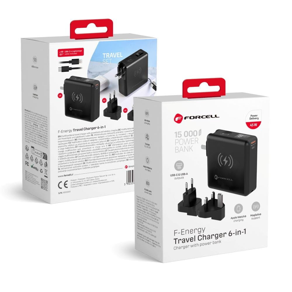 Forcell F-Energy 6w1 Cargador de viaje USB-C USB-A de 45 W - Powerbank 15000mAh - Carga inalámbrica de 15 W PD QC 3.0 - EU UK US enchufes, pantalla LCD