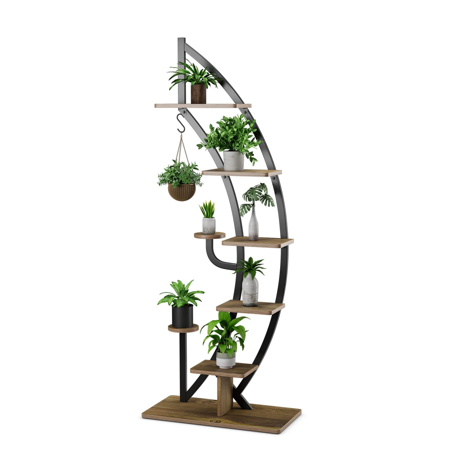 TANGZON 8-Tier Plant Stand, Curved Half Moon Shape Ladder Flowers Shelf with Hook, Indoor Metal Frame Creative Flower Pot Rack for Living Room, Bedroom and Entryway (1 Pack, Black + Brown) โ image 1