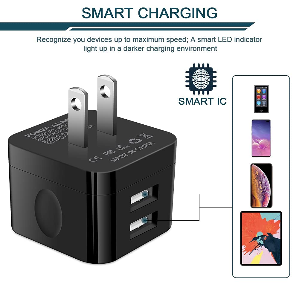 Cargador de pared USB de 2,4 A, bloque de carga rápida de doble puerto, cuadrado, plano, adaptador de corriente para iPhone, Samsung Galaxy, LG Stylo, Google Pixel, conector USB, caja de retención de
