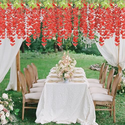 Image of SATYAM KRAFT 6 Pcs (43.2 inch) Artificial Wisteria Vine Garland | Long Silk Hanging Flowers String for Wedding Decoration Items, Mandap, Birthday Party, Festival Event & Home Decor (Red)