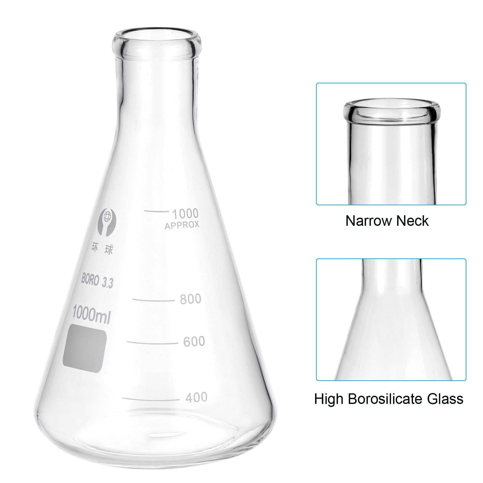 PATIKIL Erlenmeyerkolben 3 Stück 1000ml 33.8oz Schmalhals Messkolben Borosilicatglas Mit Aufgedruckter Skala Für Labor Experimente Chemie Wissenschaft Studium