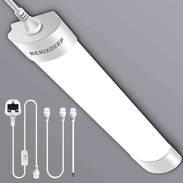Plug in Light, 40CM 16W LED Batten Lights Daylight 6000K Ceiling Light, LED Tube Light IP66 Linkable Plug in Closet Light Waterproof Garage Lights for Office, Workshop, Bathroom, Moisture-Proof Rooms.