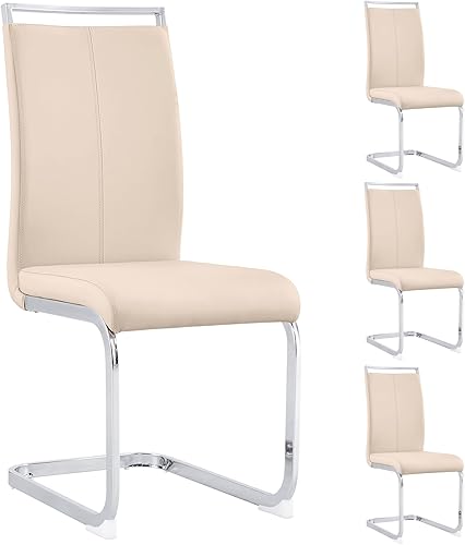 Juego de 4 sillas de comedor beige tapizadas de cuero esponjoso de alta densidad y patas metálicas, juego de 4 sillas de comedor modernas para