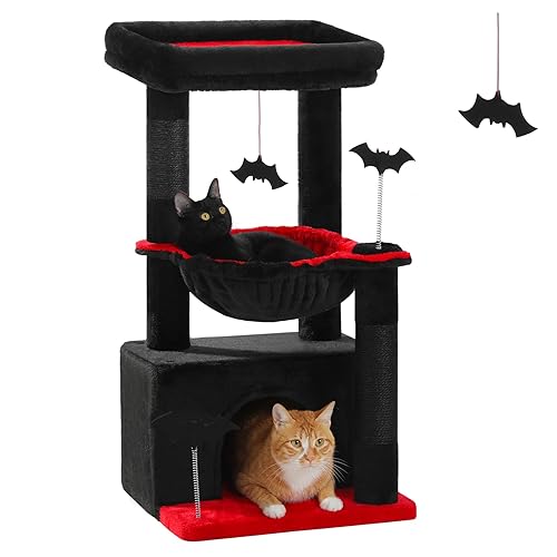 PAWZ Road Gothic Cat Tree for Indoor Cats with Super Large Condo, Cat Tower with Scratching Post, Large Hammock, Dangling Ball and Top Perch, 79cm Black - Black