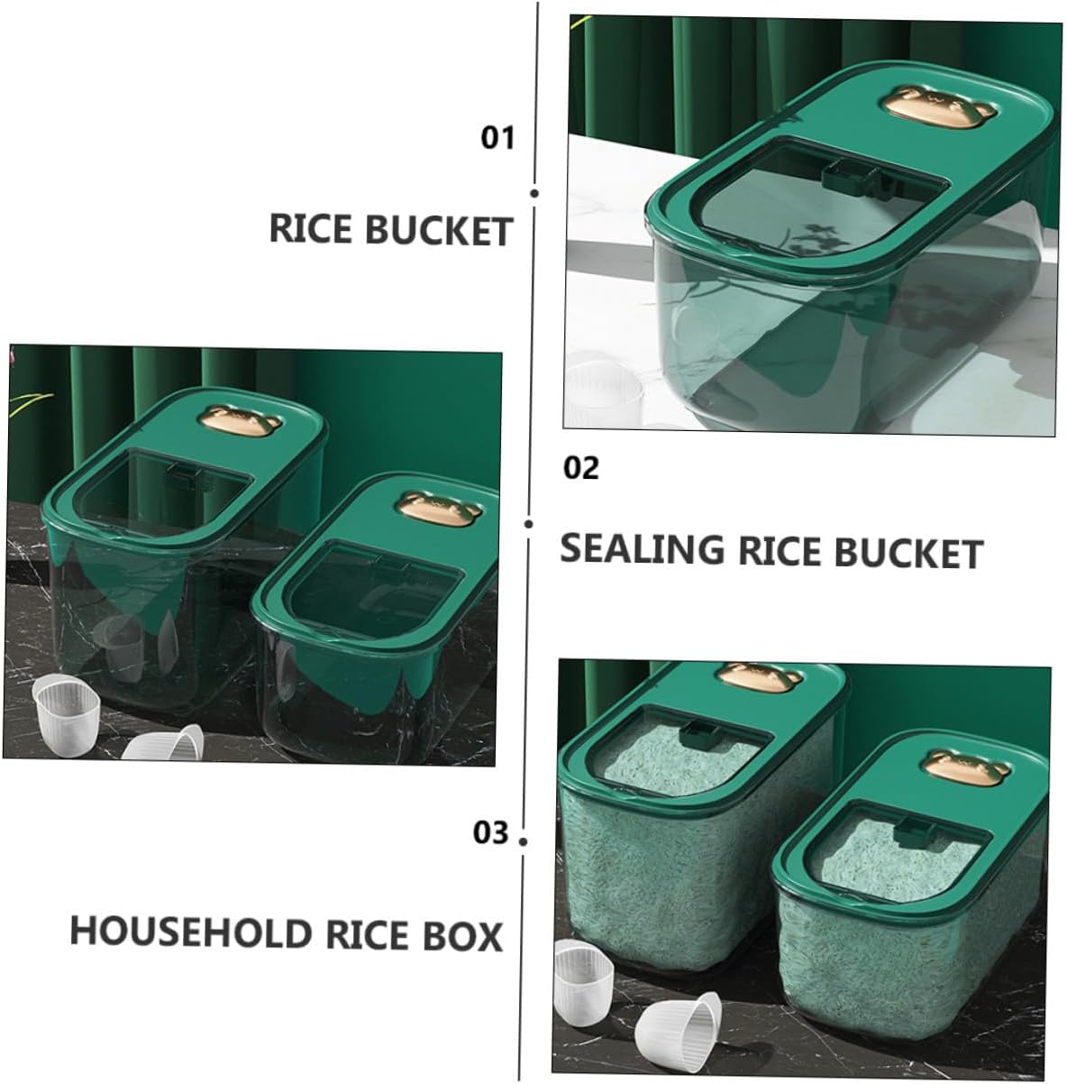 10lb Rice Storage Bucket, Multi-function Grains Storage Case with Thickened Airtight Seal, Moisture-proof Rice Container for Household Kitchen Use, Green Small Size