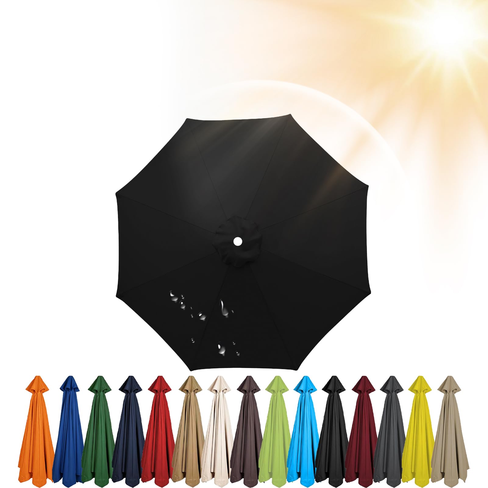 3.5m/3.0m/2.8m/2.7m/2.5m/2.3m/2m Umbrella Replacement Parasol Canopy, 6/8 Ribs Sun Umbrella Replacement Cloth For Patio/Beach/Backyard Parasol Fabric Canopy Cover (Black,6ribs-200cm)