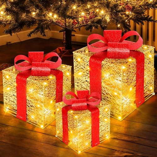 Vautvis Cajas De Regalo Navidad con Luces, 3 Cajas De Regalo con Luz Led, Caja De Regalo Iluminadas De Navidad para áRbol De Navidad, Hogar, Decoraciones De Navidad