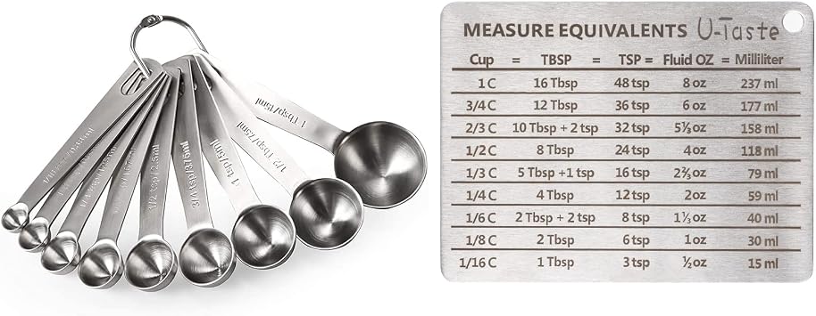 U-Taste 18/8 Stainless Steel Measuring Spoons Set of 9 and Professional Measurement Conversion Chart Refrigerator Magnet, Conversions for Cups, Tablespoons, Teaspoons, Fluid Oz and Milliliters
