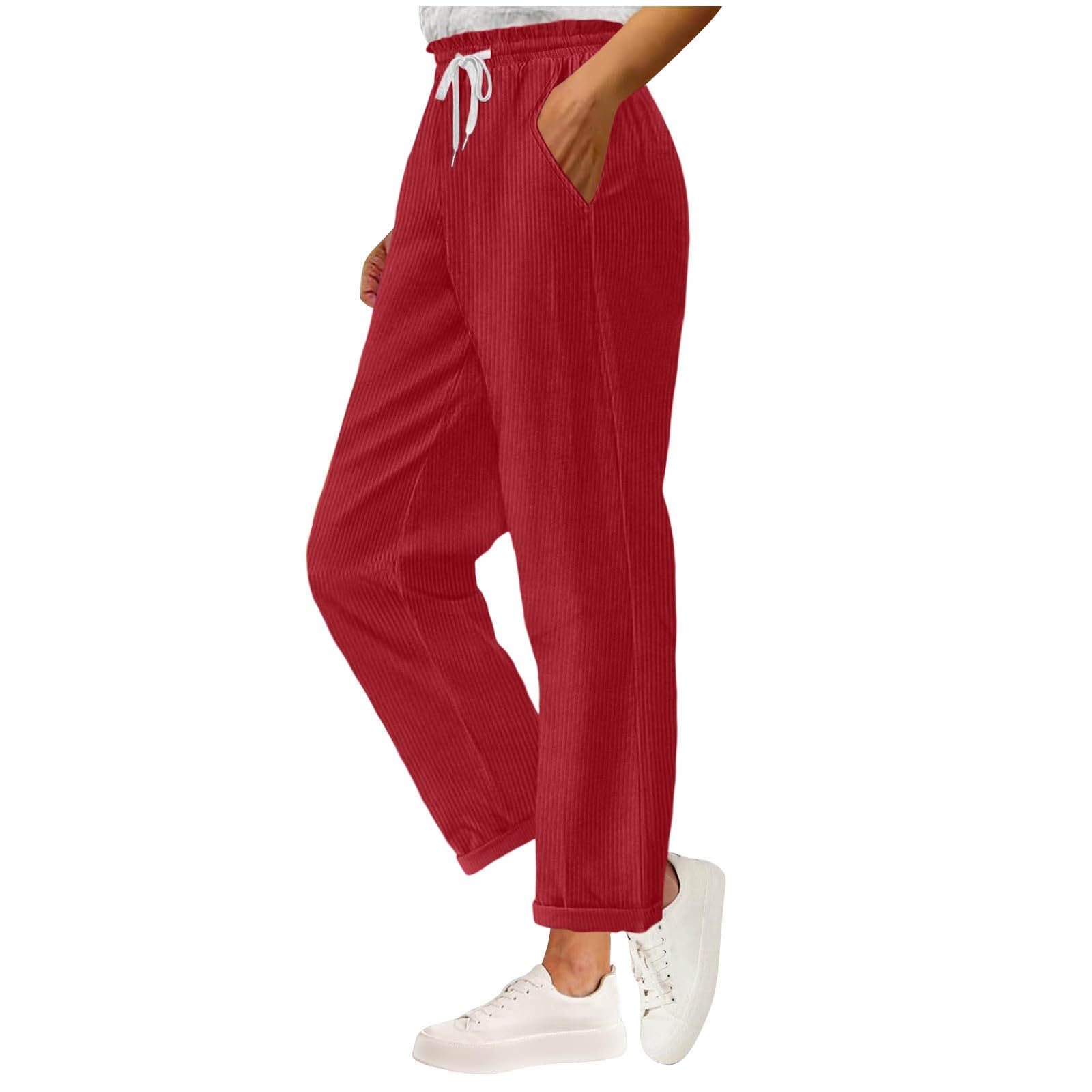 Corduroy Pants Women Dressy Casual Straight Leg Drawstring High Waisted Cuffed Trousers Loose Comfy Slacks with Pockets