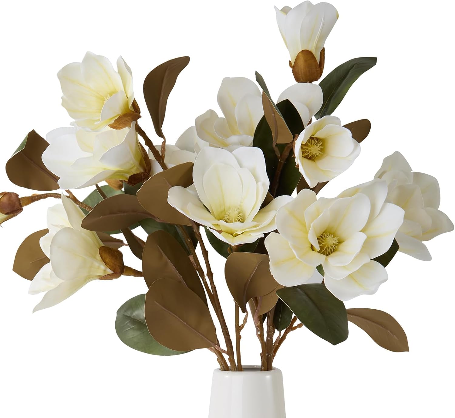 4PCS 32.2inch Artificial Magnolia Flowers 3D Real Touch 12 Heads Faux Magnolia Flower Bouquets Realistic Long Stem with Green Leaves for Home Wedding Table Office Floral Arrangement Decoration (White)