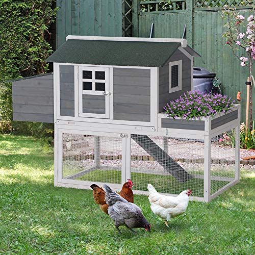 Pawhut 63" Wooden Chicken Coop Hen House Poultry Cage For Outdoor Backyard With Raised Garden Bed, Run Area, Nesting Box And Removable Tray, Grey #TOP1