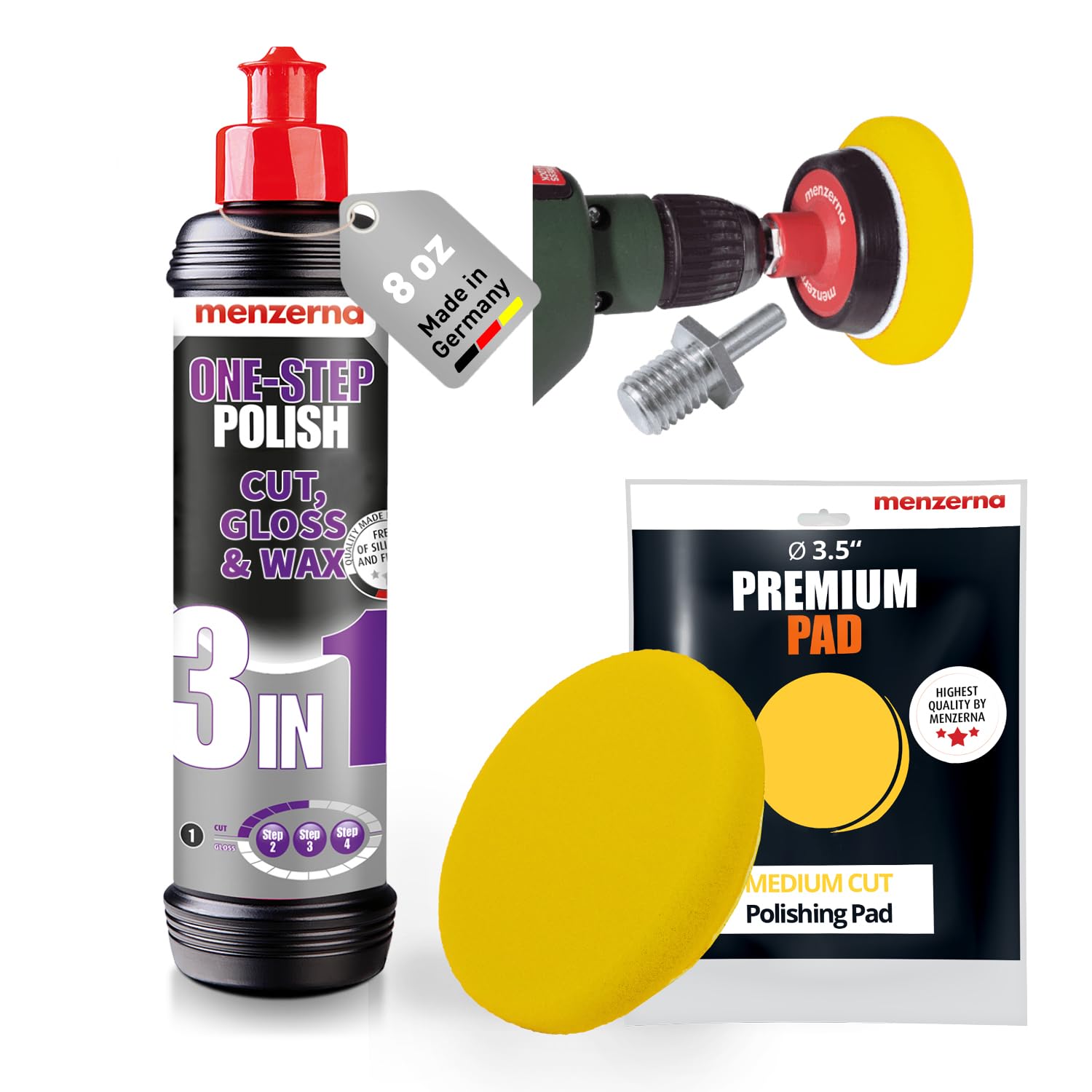 menzerna Kit de polissage 3 en 1 - Polissage en une étape + adaptateur pour perceuse + tampon de coupe moyenne | Polissez votre voiture avec une perceuse sans fil
