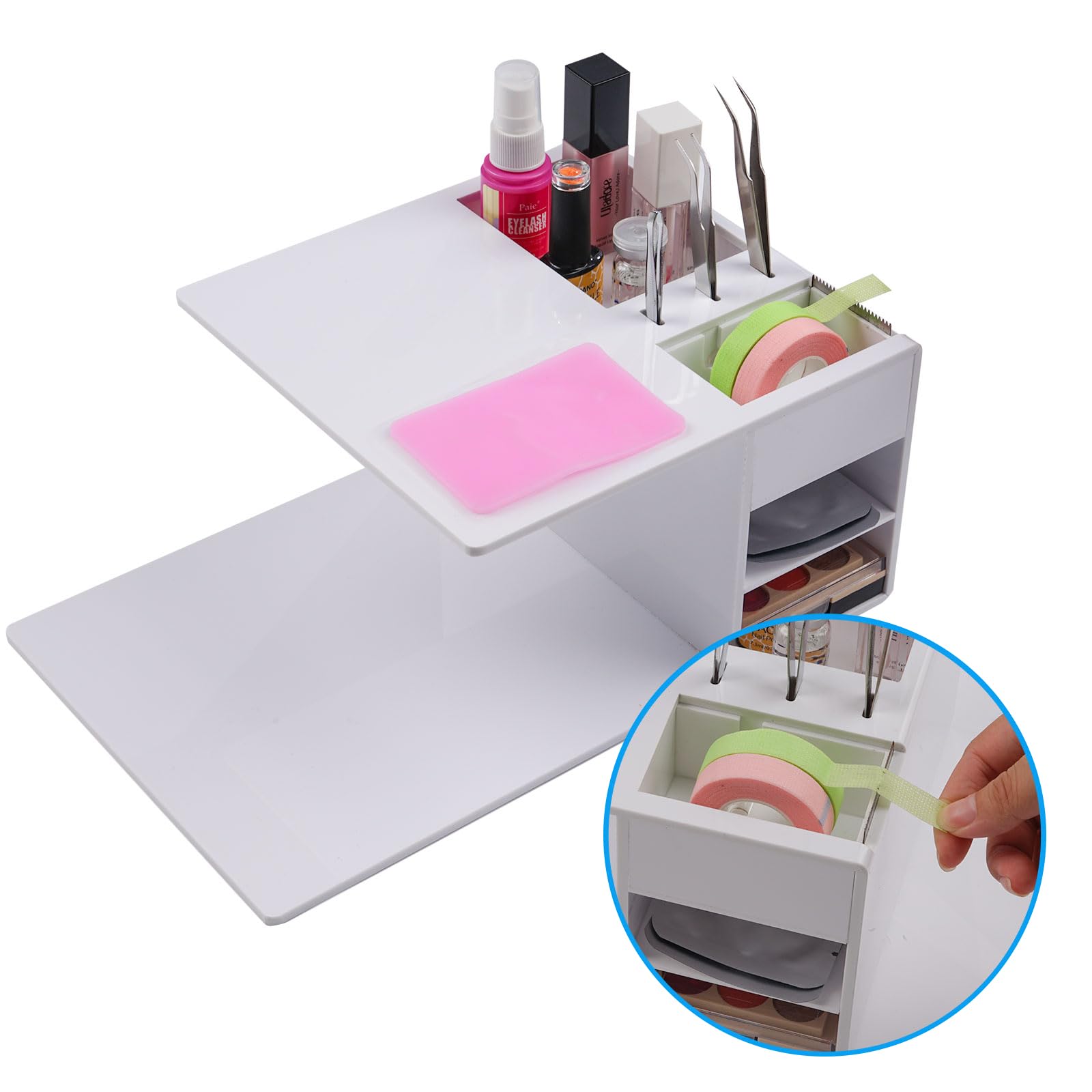 Eyelash Extension Pillow Shelf Stand with Tape Dispenser Cutter, Makeup Tool Display Cabinet Shelves, Tool Organizer for Eyelash Extension Pillow