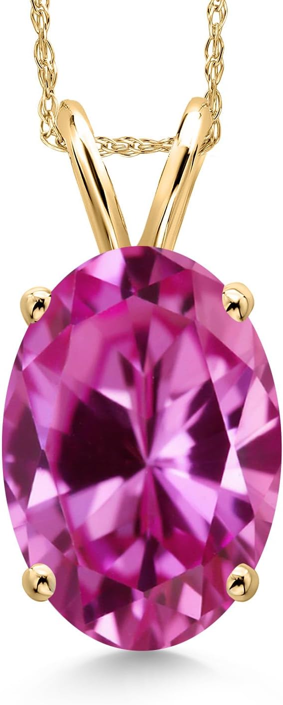 Gem Stone King 14K Yellow Gold Pink Created Sapphire Pendant Necklace for Women | 6.00 Cttw | Gemstone September Birthstone | Oval 14X10MM | With 18 Inch Chain