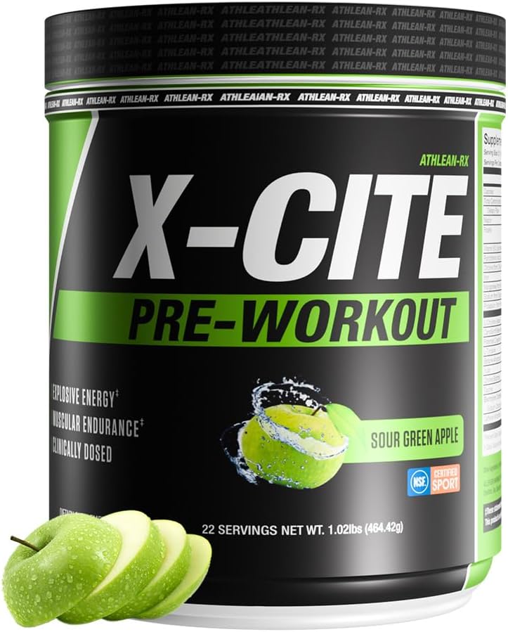 X-CITE Pre-Workout by ATHLEAN-X - Enhanced Formula with Beta-Alanine, Creatine & Caffeine for Ultimate Energy, Endurance, Focus & Muscle Pump, NSF Certified for Sports (22 Servings, Sour Green Apple)