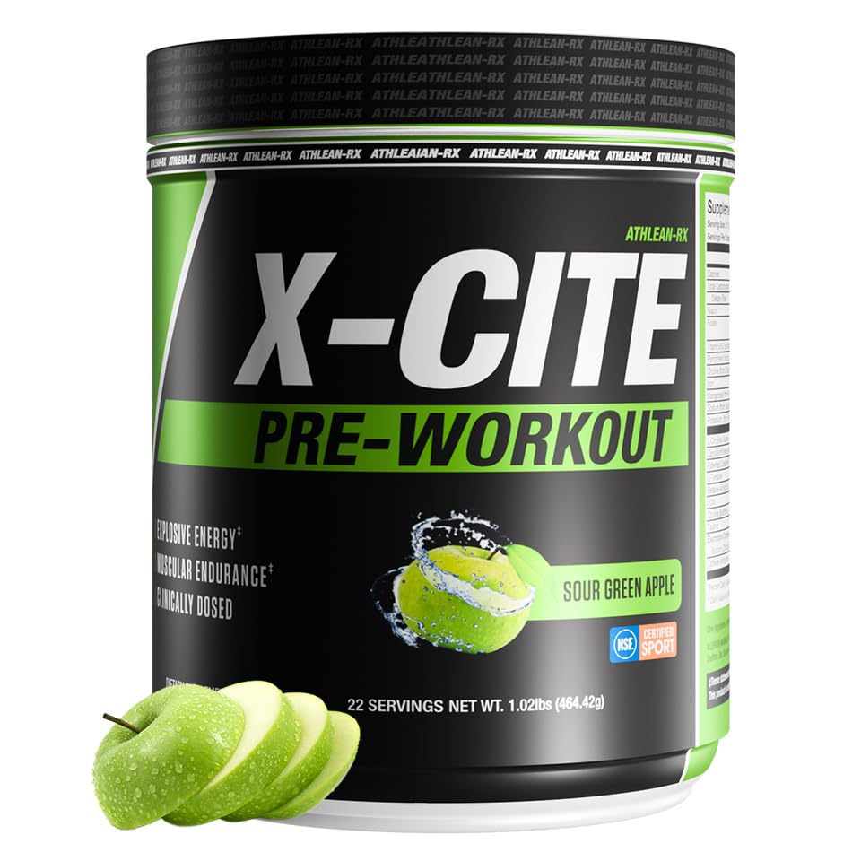 Image of X-CITE Pre-Workout by ATHLEAN-X - Enhanced Formula with Beta-Alanine, Creatine & Caffeine for Ultimate Energy, Endurance, Focus & Muscle Pump, NSF Certified for Sports (Sour Green Apple)