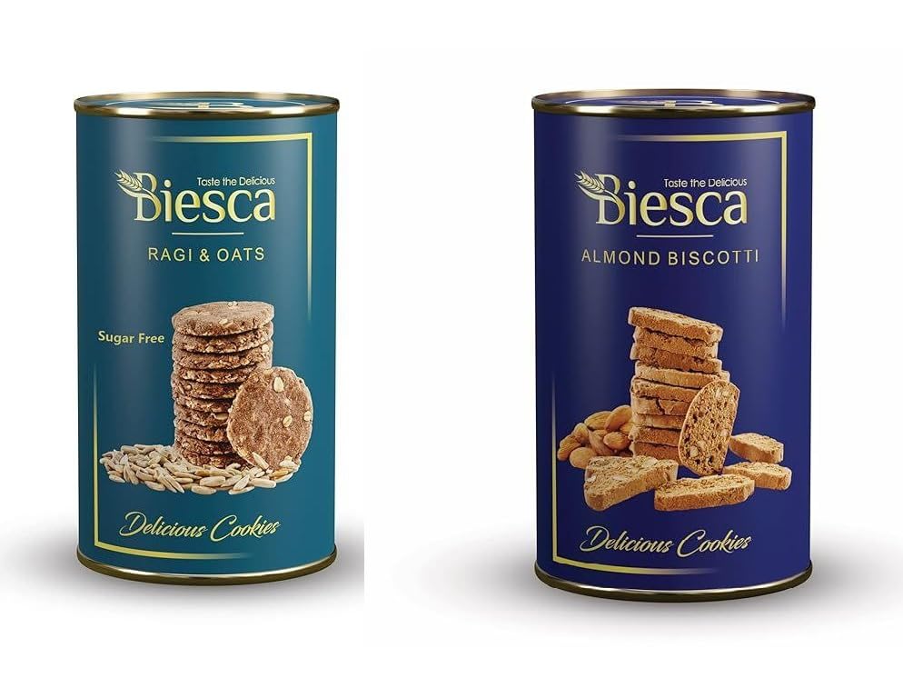 Biesca Ragi Oats Cookies Sugar Free 180g and Almond Biscotti 135g, Delicious and Crunchy, Premium Handmade Nut Biscotti, No Maida, No Preservatives, Healthy Snack | Pack of 2 |