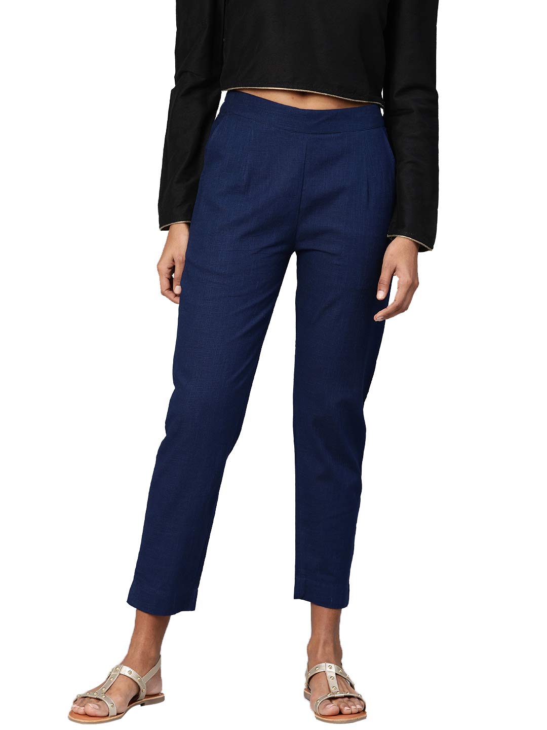 Divena Blue Cotton Regular Pants for Women