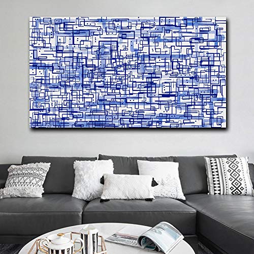 Toile art abstrait bleu géométrique grand format salon chic