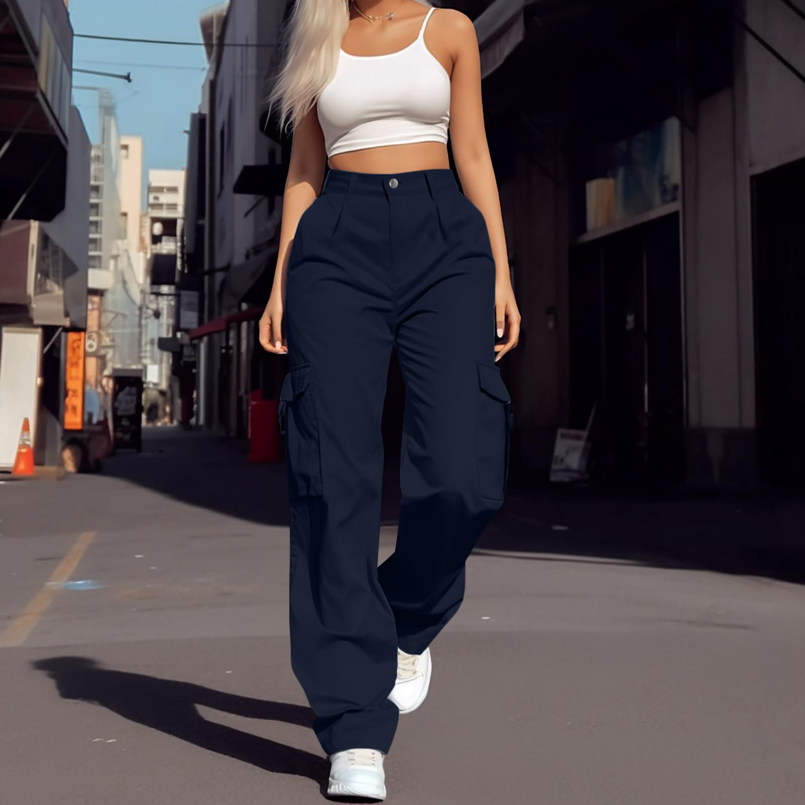 Pantalon Cargo Femme Coton Taille Haute Grande Taille Elastique Pantalon Militaire Été Léger Respirant Baggy Y2K Pantalons de Randonnée Jogging Sport Extérieur Trekking Travail avec Poches