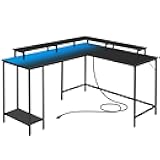 L Shaped Computer Desk with LED Lights and Power Outlet, Reversible Corner Office Desk with Monitor Stand, L Shaped Gaming Desk for Home Office Bedroom (Black)