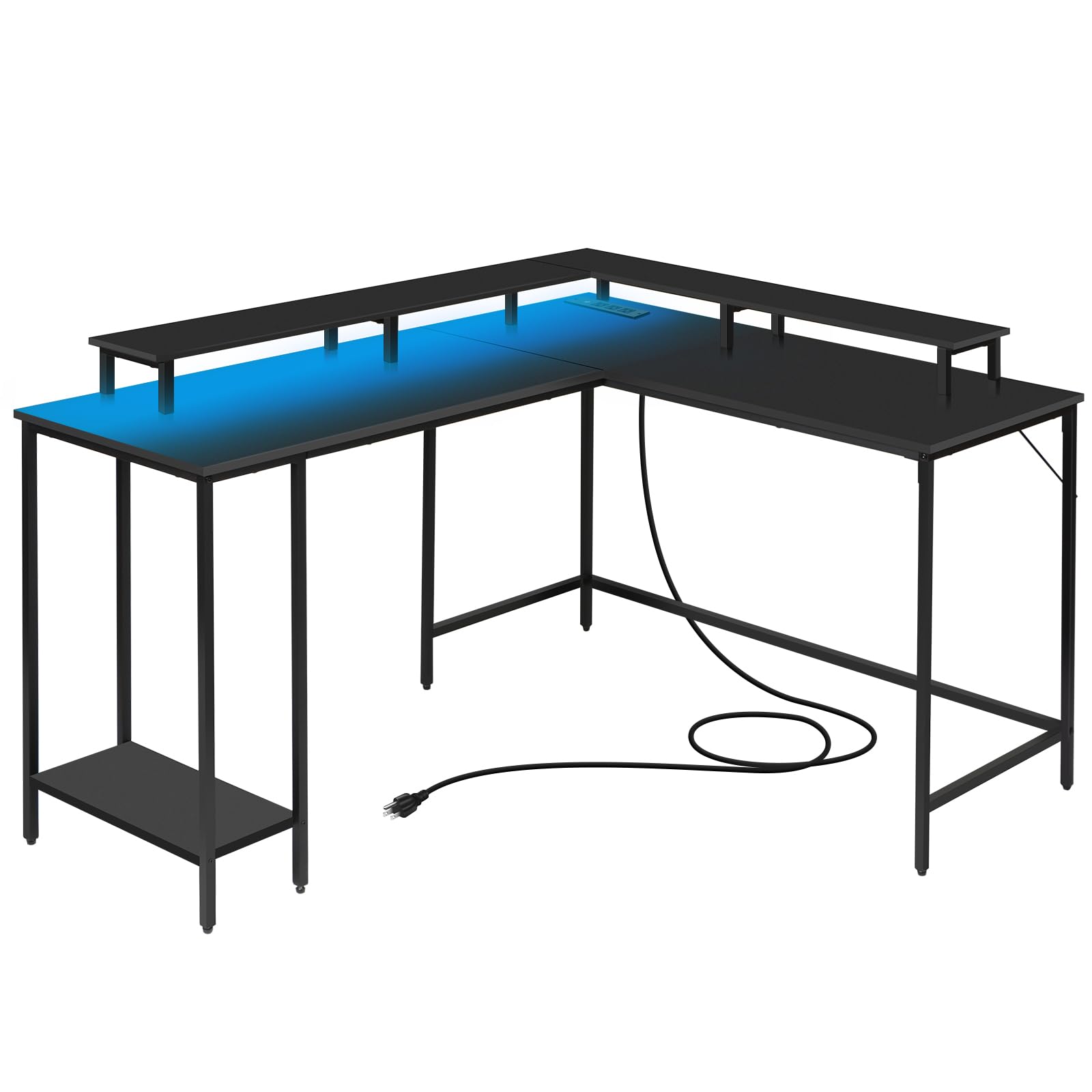 Panana L Shaped Computer Desk with LED Lights and Power Outlet, Reversible Corner Office Desk with Monitor Stand, L Shaped Gaming Desk for Home Office Bedroom (Black)