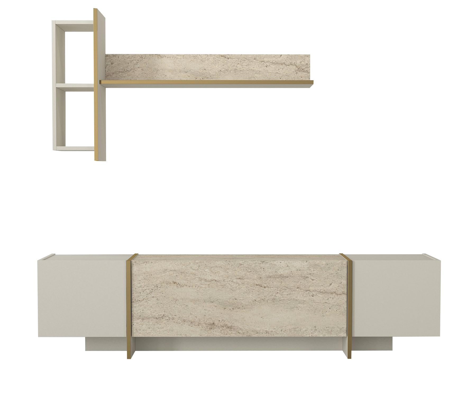 moebel17 Wohnwand Braun Dunkelgrau,Moderne Anbauwand Holz, TV Lowboard Marmor Optik, Mediawand mit Hängeregal, 4 Türen, viel Stauraum, glänzend, 180 x 45 x 32 cm, 2574