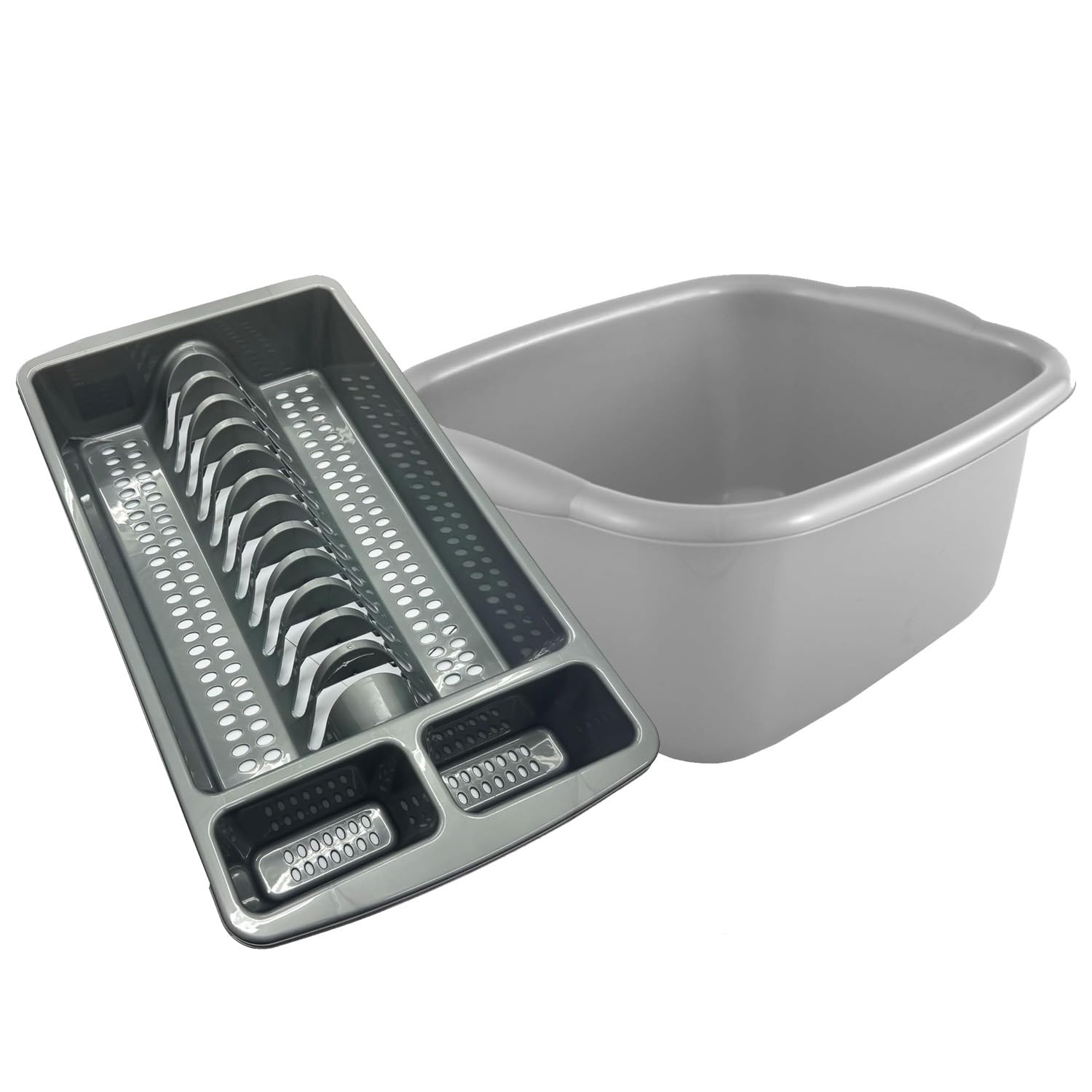 Pluto Packaging Plastic Kitchen Dish Drainer Rack & Washing Up Bowl Set Perfect For Sinks (Silver Washing Up Bowl & Silver Dish Drainer Rack)