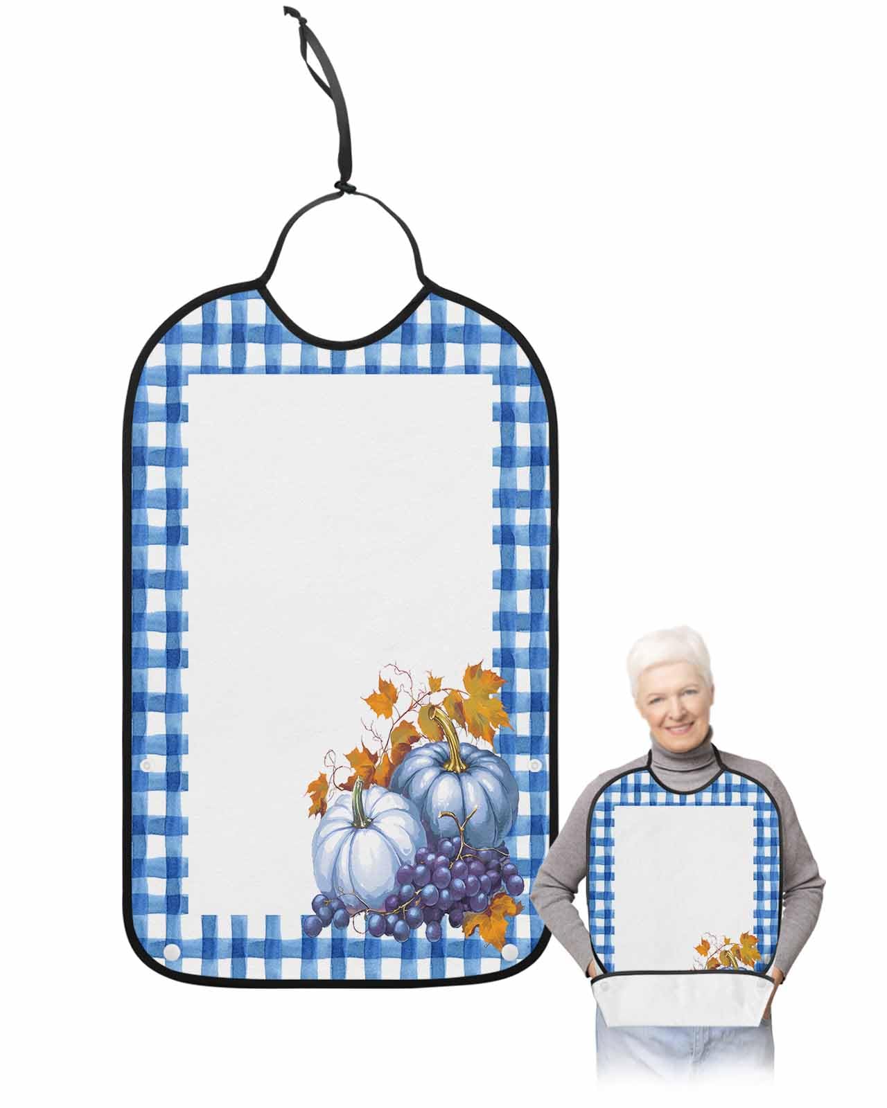 Fall Thanksgiving Blue Pumpkin Adult Bib for Adults Men, Women, Buffalo Plaid Leaves Fruit Washable & Adjustable Terry Cloth Bib with Crumb Catcher Reusable Waterproof Clothing Clothes Protector Apron