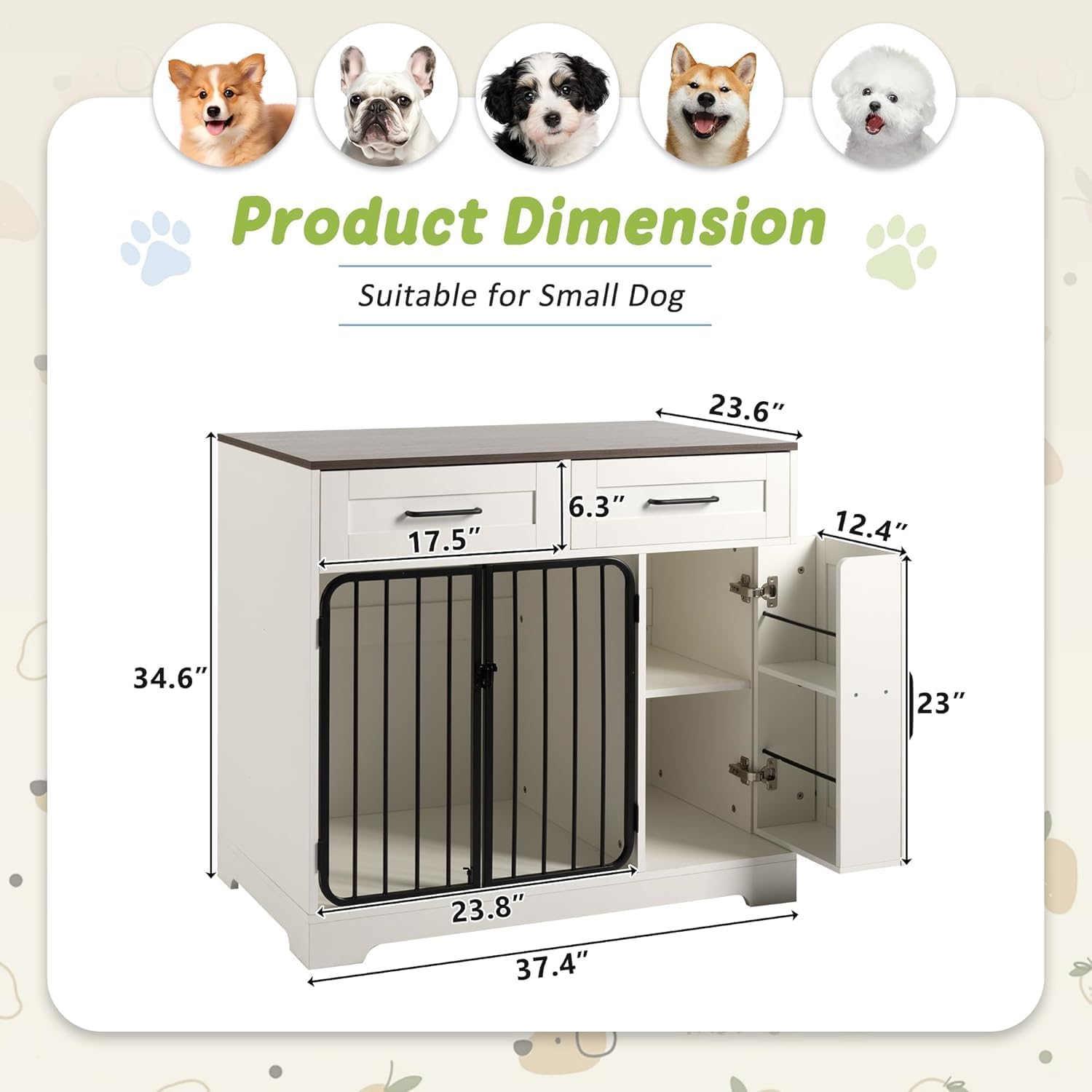 Escape-Proof Dog Crate Furniture with Secure Locking System - 2 Drawer Indoor Dog Kennel Cabinet for French Bulldog, Dachshund, Cocker Spaniel, Pet Cage Enclosure End Table