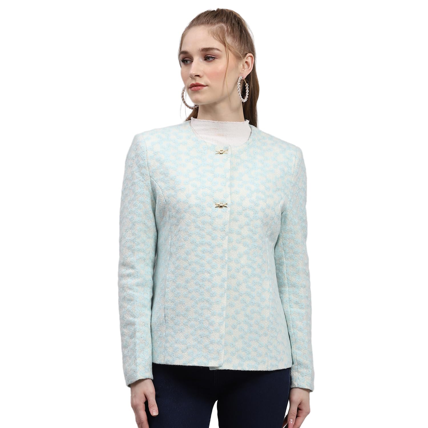 Womens Embroidered Round Neck Full Sleeve Coat (224067306)