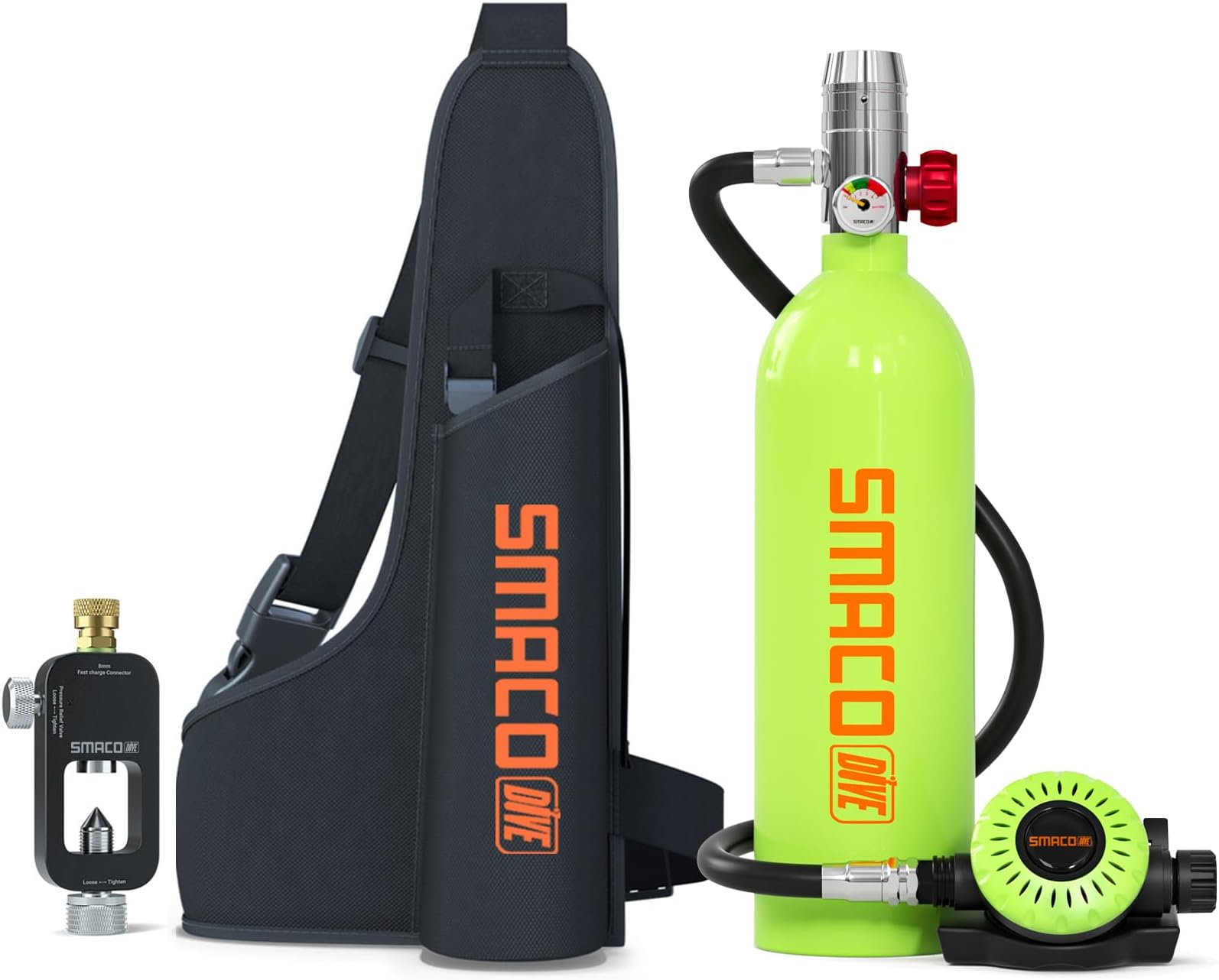 SMACO Mini Scuba Tank for Novice Diver Scuba Tank Scuba Cylinder with 1L Capacity Support About 15 Minutes Underwater Breathing for Aquatic Fishing/Recreational Diving/Backup Gas, Package E-Green