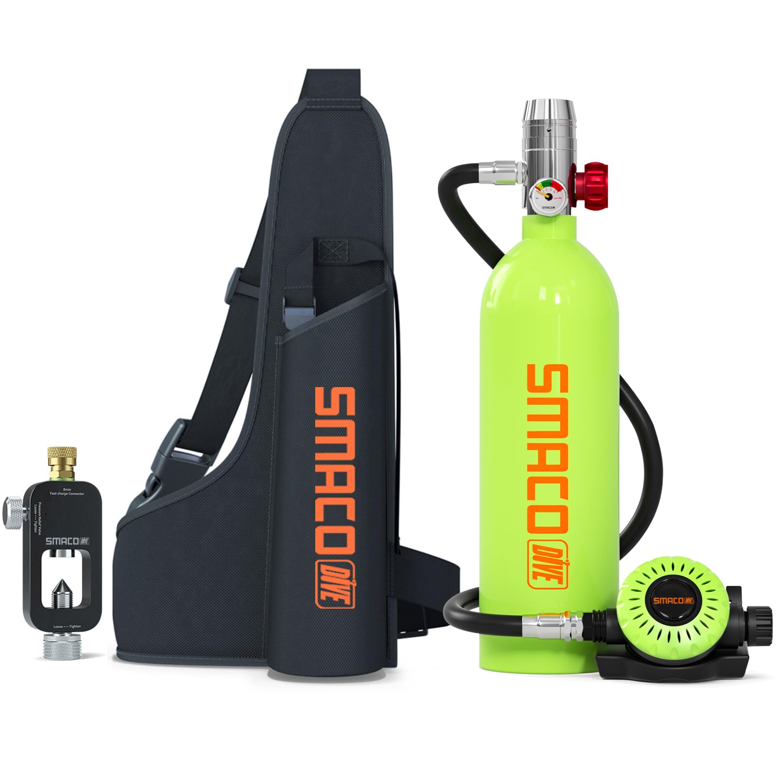 SMACO Mini Scuba Tank for Novice Diver Scuba Tank Scuba Cylinder with 1L Capacity Support About 15 Minutes Underwater Breathing for Aquatic Fishing/Recreational Diving/Backup Gas, Package E-Green