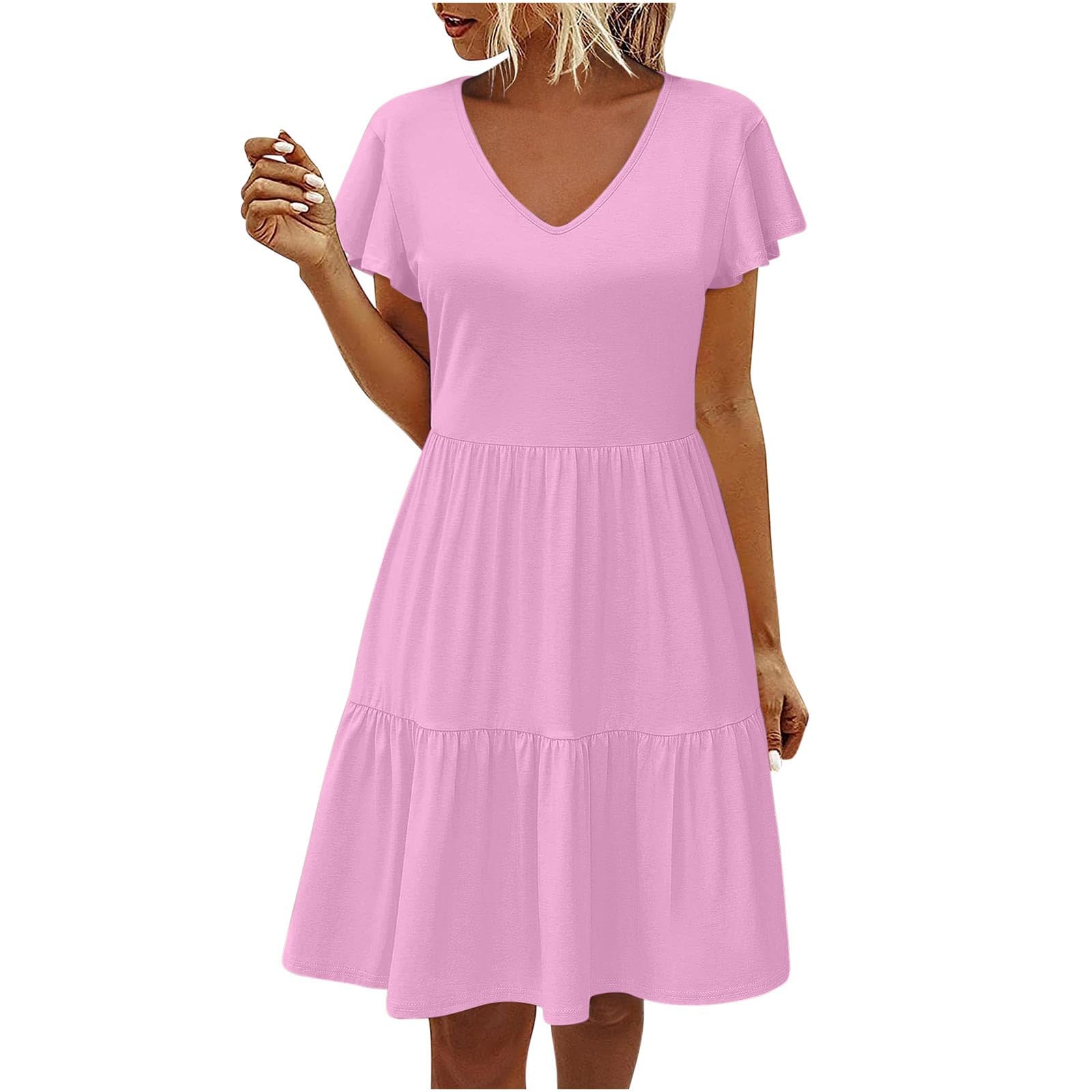 Womens Causal Summer Dresses 2024 Flutter Sleeve V Neck Tunic Tshirt Dress Pleated Ruffle Swing Beach Mini Sundress