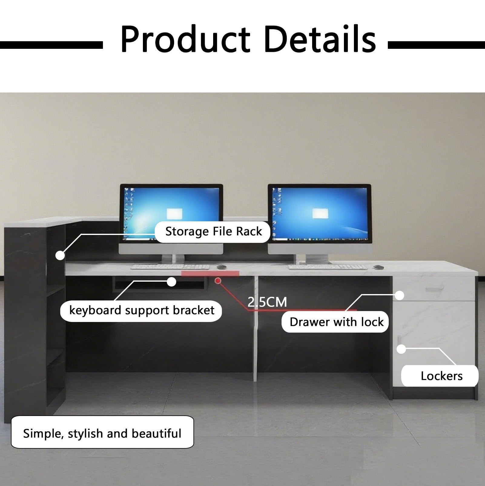 Moderner Empfangstisch – Stilvolle Bürotheke & Registrierkasse für Salons, 260 x 60 x 105 cm, Weiß – perfekt für Empfangsbereiche und professionelle Arbeitsbereiche